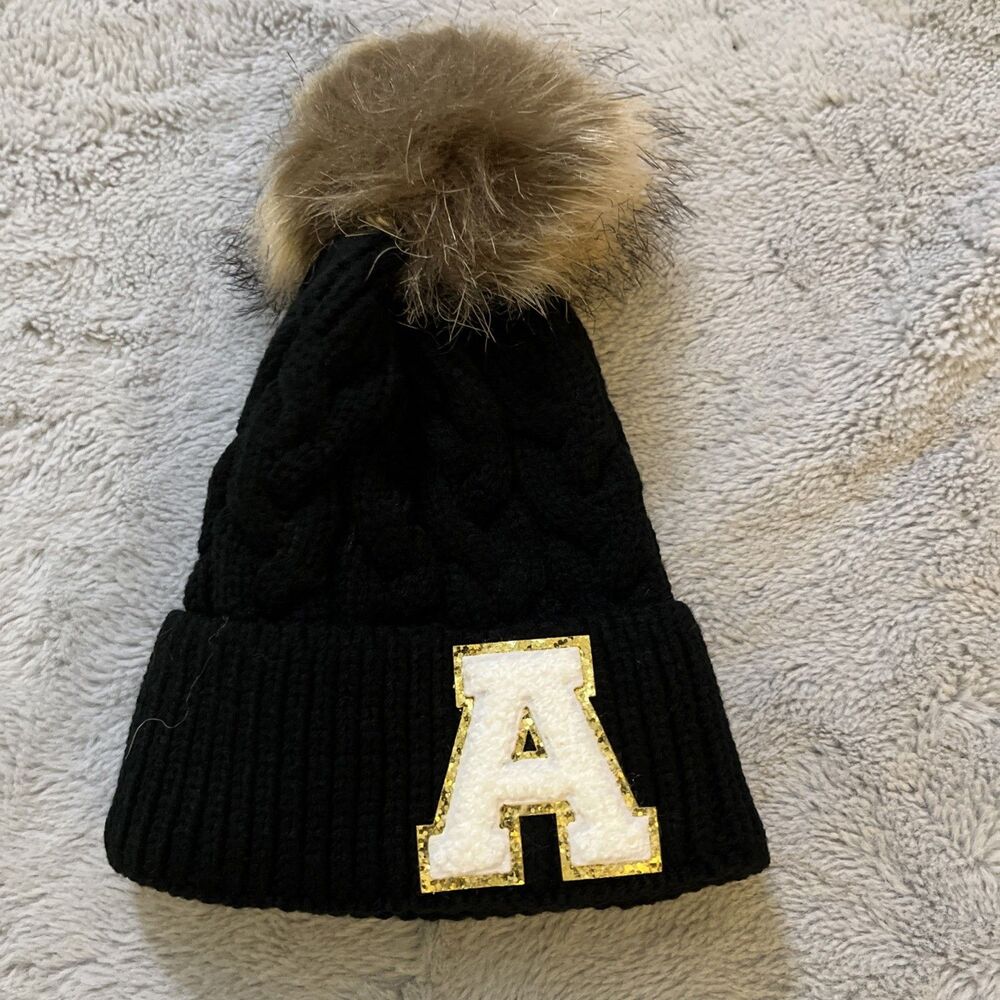 Cable Knit Beanie Varsity Letter A Initial Patch Faux Fur Pom Pom Hat